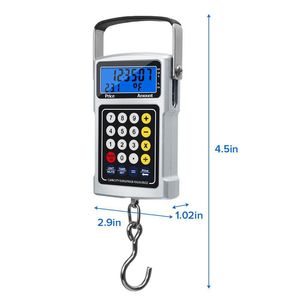 Digitale Waage, 7-in-1-Fischgepäck, elektrische Waage mit einem Gewicht von 50 kg, mit Taschenrechner, Maßband, Hintergrundbeleuchtung