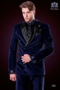 Velvet Groom Tuxedos Blue Men Wedding Tuxedo Popular Jacket Blazer Double-Breasted Men Dinner/Darty Suit Custom Made(Jacket+Pants+Tie) 1285