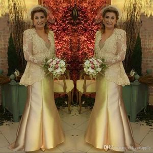 Goldene neue Designkleider Abendkleider v Hals Ärmel formelle Verschlüsse Applikationen Top Long Satin Mutter der Braut Kleid maßgeschneidert gemacht