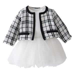 Neugeborenen Baby Mädchen Kleidung Set Langarm Offenen Stich Pullover Kleid Hahnentritt Outfits Anzüge Herbst Mädchen Jacke