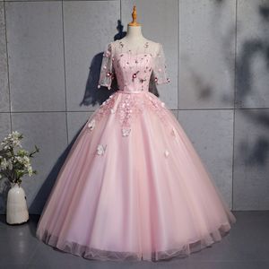 2018 New Rosa 1/2 Manga Butterfly Appliques Ball Vestido Quinceanera Vestidos Scoop Lace-up Doce 16 Vestidos debutante 15 anos vestido de festa BQ81