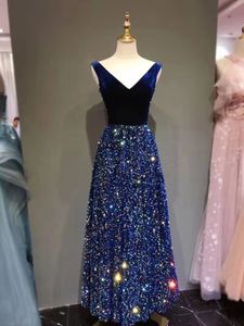 Fall Winter Long Aftonklänning Velvet med Sequins Side Zipper Golvlängd Verklig Foton Prom Dress