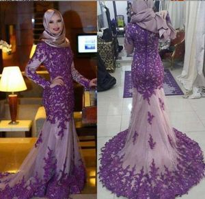 Sexig Lila High Neck Modest Mermaid Lace Långärmad Elegant Full Figure Aftonklänning för muslimska kvinnor