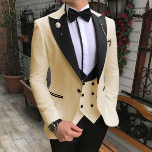 Excellent Beige Groom Tuxedos Peak Lapel Groomsman Wedding Tuxedos Fashion Men Prom Jacket Blazer 3 Piece Suit(Jacket+Pants+Tie+Vest) 168