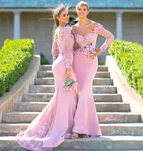 Scoop Neck Satin Mermaid Bridesmaid Långa ärmar Lace 3d Floral Sweep Train Wedding Guest Dress Maid of Honor Dresses Custom 330 330