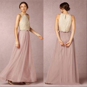 Ärmlös två stycken brudtärna klänningar spets topp lång golvlängd rosa tulle kjol elegant bröllop gästklänning prom party klänning bd8950