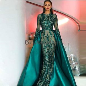 New Green Sequin Mermaid Prom Dresses With Detachable Train Long Sleeve African Formal Evening Party Gowns Elegant Robes De Soirée 2020