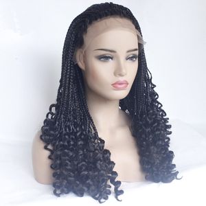 Partihandel Natrual Black Micro Braiding Hair Wigs With Curly End Syntetisk Lace Front WIG Half flätade peruker för svarta kvinnor peruker