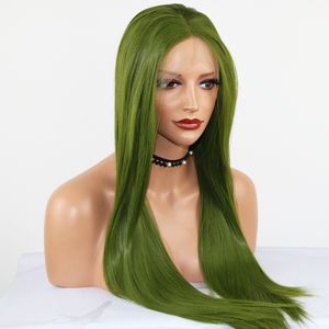 Fantasi Skönhet Glueless Lace Front Parykoliv Green Rak Realistisk Syntetisk Lace Front Wig Naturlig Hårlinje