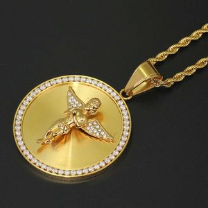 Moda- Anjo Asas Pingente Colares para Homens Mulheres Luxo Diamantes Dog Tag Redondo Pingentes de Aço Inoxidável Rhinestones Gold Colar Presentes