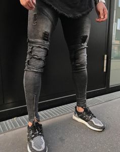 メンズデザイナー膝プリーツパンツジッパーオープンクロッチジッパーフィットパンツのためのストリート高品質スリムジーンズ