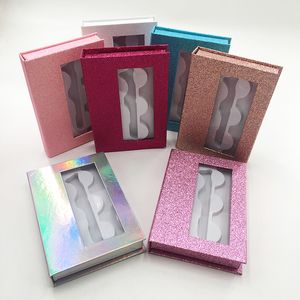 Atacado 3Pairs Mink Eyelashes Embalagens Glitter Multi Colors Personalizado Embalagem Holográfica Cor-de-rosa Black Color Vazio Livro Venda Branco Bandeja