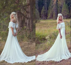 Vintage 1970s Bohemian Wedding Dresses Country Off The Shoulder Neckline A-line Court Train Ivory Lace Chiffon Hippie Boho Bridal Gowns