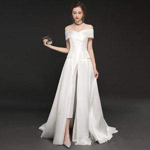 2020 Sexy Jumpsuit White Evening Dresses Satin Off Shoulder Satin Saudi Arabia Party Dress Prom Formal Pageant Celebrity Gowns 585