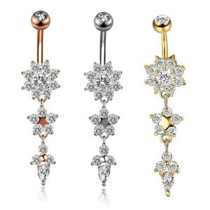 Sexy Dangle Belly Bars Belly Button Rings, Auniquestyle Belly Piercing Crystal Flower Body Jewelry Navel Piercing Rings