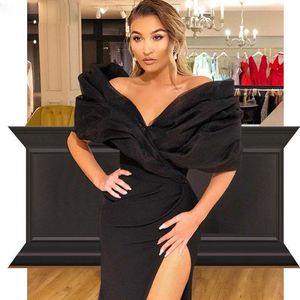 Sexy Black Evening Dresses Side Split Mermaid Prom Dresses Off the Shoulder Pleat Satin Skirt Evening Gowns Long Formal Party Dres2362