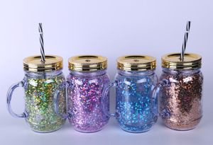 Gli ultimi bicchieri per adulti e bambini, bevande creative con manico grande a colori misti utilizzano tazze di cannuccia di plastica a doppio strato con paillettes,