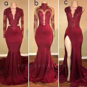 2023 Prom -klänningar Deep V Neck Mermaid Dark Red Split Party Dress Lace Applicques Crystal Pärlor Långa ärmar Plus -storlek Anpassade aftonklänningar
