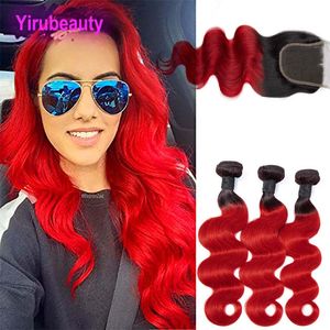 Extensões de cabelo virgem brasileiras 3 pacotes com fechamento de renda 4X4 1B/vermelho pacotes de ondas corporais com cabelo de bebê 12-26 polegadas