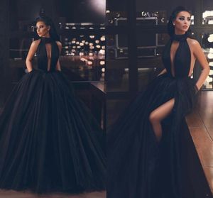 Sexy Slit Halter Puffy Prom Dresses Backless Tulle Formal Cocktail Party Dress Floor Length Evening Dresses Ball Gown Custom Made