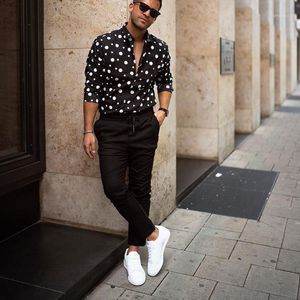 Męska sukienka Koszulki KLV 2021 Mężczyźni Shirt Streetwear Męska Moda Loose Casual Długi rękaw Polka Dot Drukowana górna bluzka D41