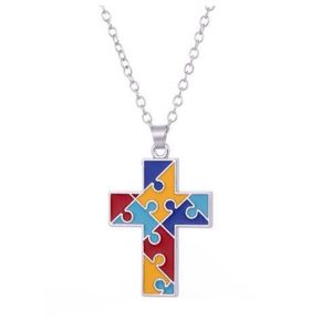 GX107 New Style Hope Jewelry Multi Colored Enamel cross Heart Shaped Puzzle Piece Pendant Chain Necklace Colorful Pendant Necklaces for girl