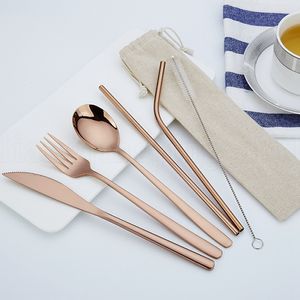 7pcs 1set aço inoxidável talheres conjunto faca Fork Colher Palha Com Pano Pacote de Cozinha Louça Louça Kit LJJK1842