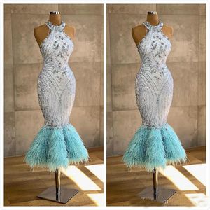 Lussuosi abiti da sera a sirena Aso Ebi con perline in pizzo lunghezza tè abiti da ballo sexy abiti da cocktail party