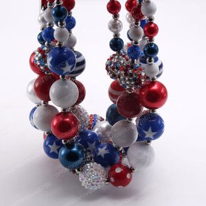 Baby children fashion 4th july USA flag design chunky bubblegum beads necklace diy rhinestone necklace for kids party
