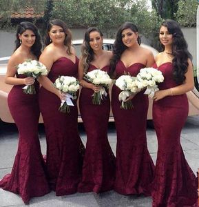 Modern Cheap Long Bridesmaid Dresses Burgundy Sweetheart Lace Mermaid 2020 New Wine Maid of Honor Wedding Guest Dress Prom Party Gowns