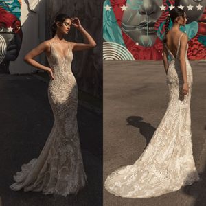 Julie Vino Mermaid Abiti da sposa sexy con scollo a V in rilievo Abiti da sposa senza schienale con applicazioni in pizzo Sweep Train Abito da sposa