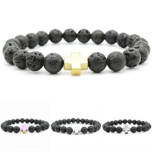 Caldo 8mm roccia lavica vulcanica bracciale croce religiosa braccialetto elastico braccialetti diffusore olio essenziale regalo gioielli unisex 4 colori