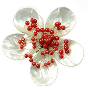Handmade Flower Design Red Coral Bead Brooch Natural Mother of Pearl White Shell Wedding Brooches 5 Pieces