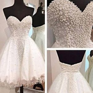 Luxury Pearls Beaded White Homecoming Dresses 2019 Strapless Backless Piping Tulle Prom Dress Evening Gowns Cocktail Party Formell Dress