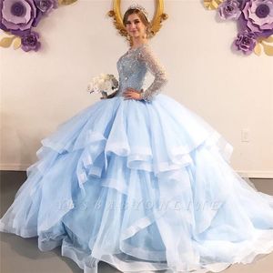 Light Sky Blue Beading Ball Gown Quinceanera Prom dresses Sequins Long Sleeves Formal Party Sweet 16 Dress