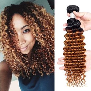 9A Grade Brasiliansk Virgin Hair 1B / 30 Deep Curly Wave 3/4 Bundles 100% Obehandlat Human Hair Deep Wave Natural Ombre Färg