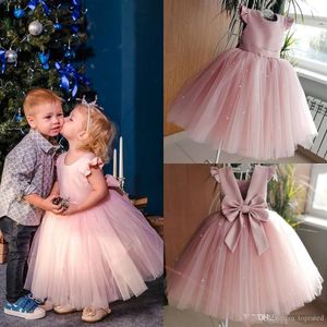 Elegant Pink Short Mini Flower Girls Dresses Cape Sleeve Backless Cover Bow Pearls Floor Length First Communion Dresses Girls Pageant Gowns