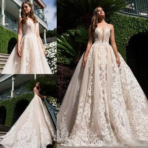 Sexy Sheer Neck Champagne A Line Wedding Dresses Lace Applique Tulle Sweep Train Scoop 2019 Custom Made Plus Size Wedding Bridal Gowns
