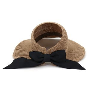 Moda verão Mulheres Senhoras Viseira Tampas com Grande Bowknot Decoração De Malha De Algodão Chapéu de Proteção Solar Dobrável Top Air Cap Sunhat