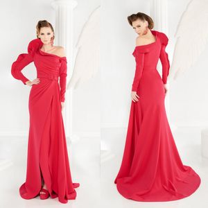 Fouadsarkis prom klänningar sexig konst deco-inspirerad nack långa ärmar delade aftonklänningar svep tåg sjöjungfest party klänning