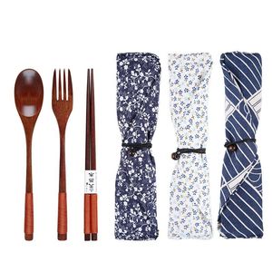 Environmental Wooden Fork Spoon Three-piece Suit Japanese Korea Style Travel Portable Tableware Nice Dinnerware Bag Packing Free DHL 794