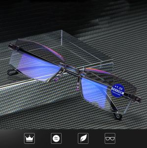 Moda sem aro óculos de leitura Mulheres Homens Transparent Light Blue bloqueio Frameless Computer Glasses presbiopia Leitor 1,0 - + 4,0 escolher