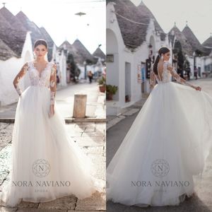 2020 Lace Wedding Dresses V Neck Appliqued Long Sleeves Bohemian Bridal Gown Bow Sash Ruffle Sweep Train Custom Made Robes De Mariée