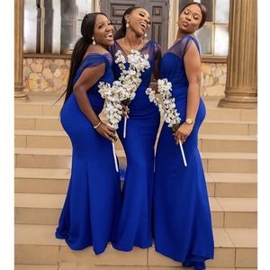 Royal Blue Satin Sheer Neck V-neck Bridesmaid Dresses Plus Size For African Wedding Country Mermaid Backless Dresses Evening Wear Prom
