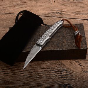 1pcs Damaskus Liten EDC Pocket Folding Kniv VG10 Damaskuss Stålblad Aluminiumhandtag med nylonväska Presentknivar