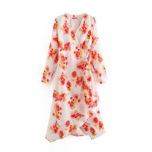 Casual Dresses Floral Print Midi Dress Women V Neck Sashes En Linje Dam Långärmad Boho Beach Kvinna Oregular Vestidos De Festa