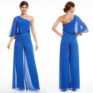 Trendig 2019 Moder av bruden byxa kostymer Rhinestones Beaded Asymmetrisk halsring En ärm Royal Blue Chiffon Kvinnor Jumpsuits