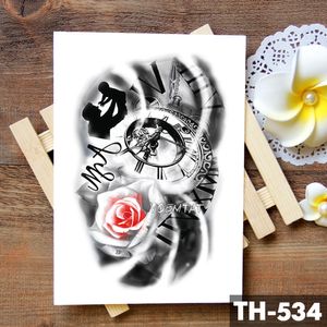 Famiglia Rose Time clock Cranio Autoadesivo del tatuaggio temporaneo Scorpion Tower Tatuaggi impermeabili Body Art Arm Fake Tatoo Men