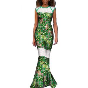 Nya African Wax Print Dresses For Women Bazin Riche Patchwork Lace Lång Klänningar Dashiki Kvinnor Afrikansk Kläder Vestidos WY3663