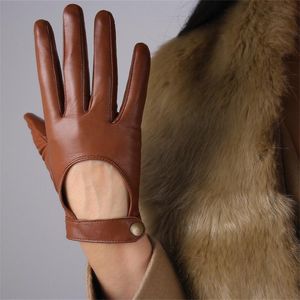 Touchscreen Genuine Leather Woman Gloves Pure Sheepskin Locomotive Exposing The Back Of The Hand Short Style Nylon Lined TB94